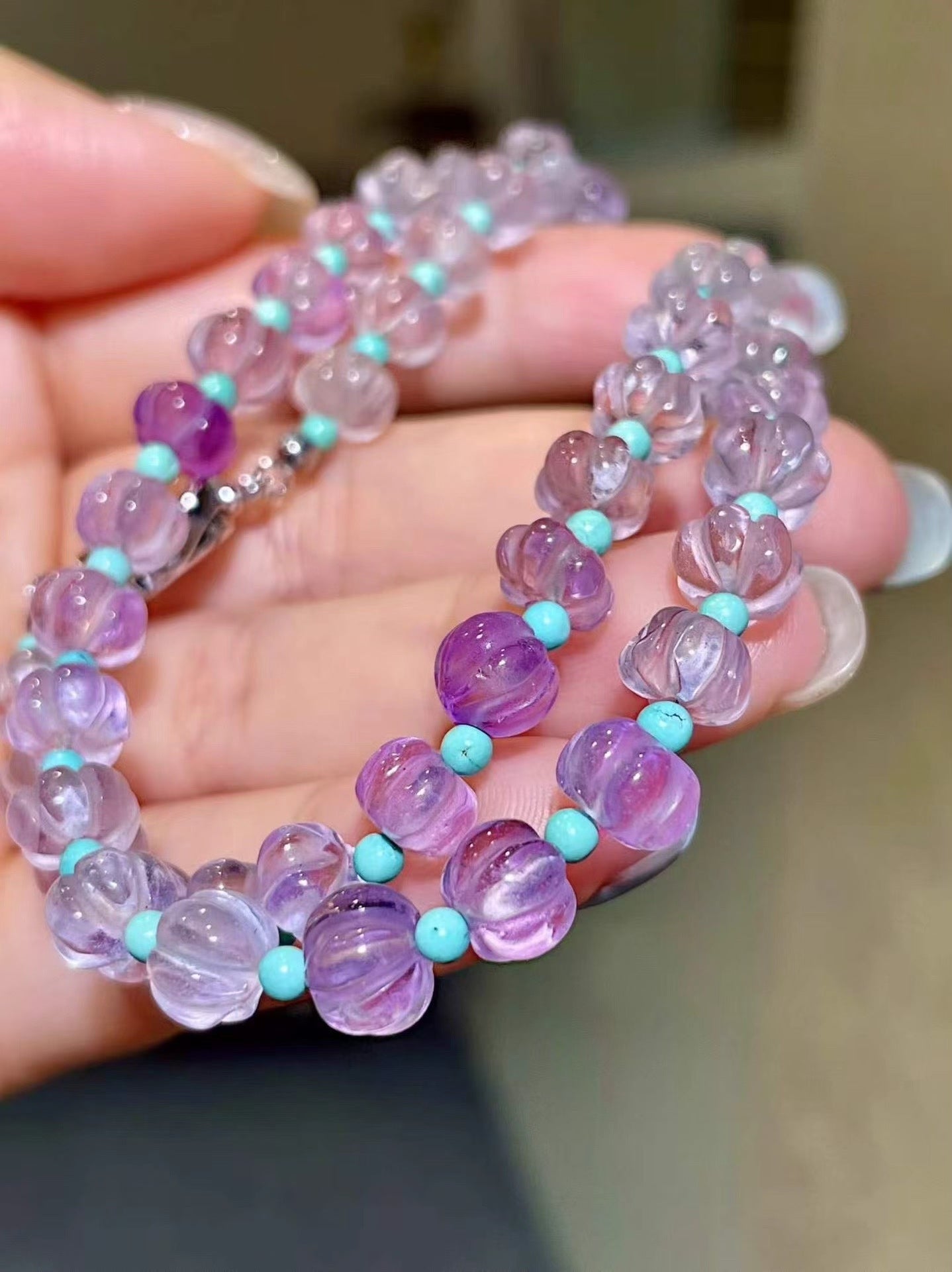 Faceted Pumpkin Amethyst Necklace with Turquoise Spacers