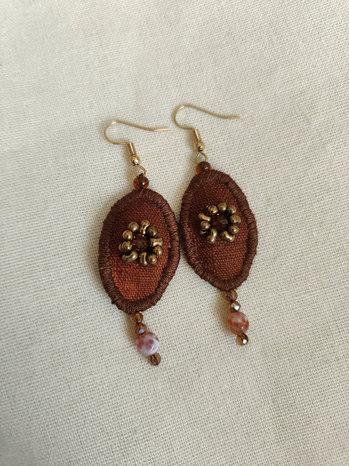 Handmade Brown Fabric Oval Dangle Earrings