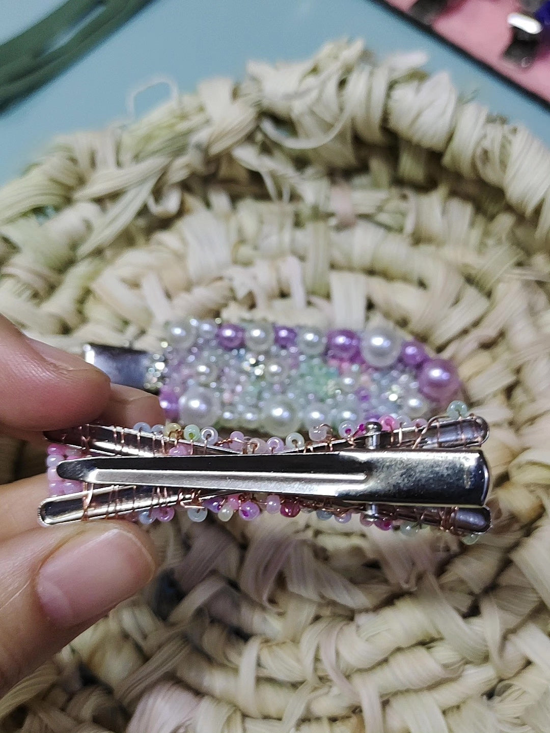 ハンドメイド パープルビーズヘアクリップセット