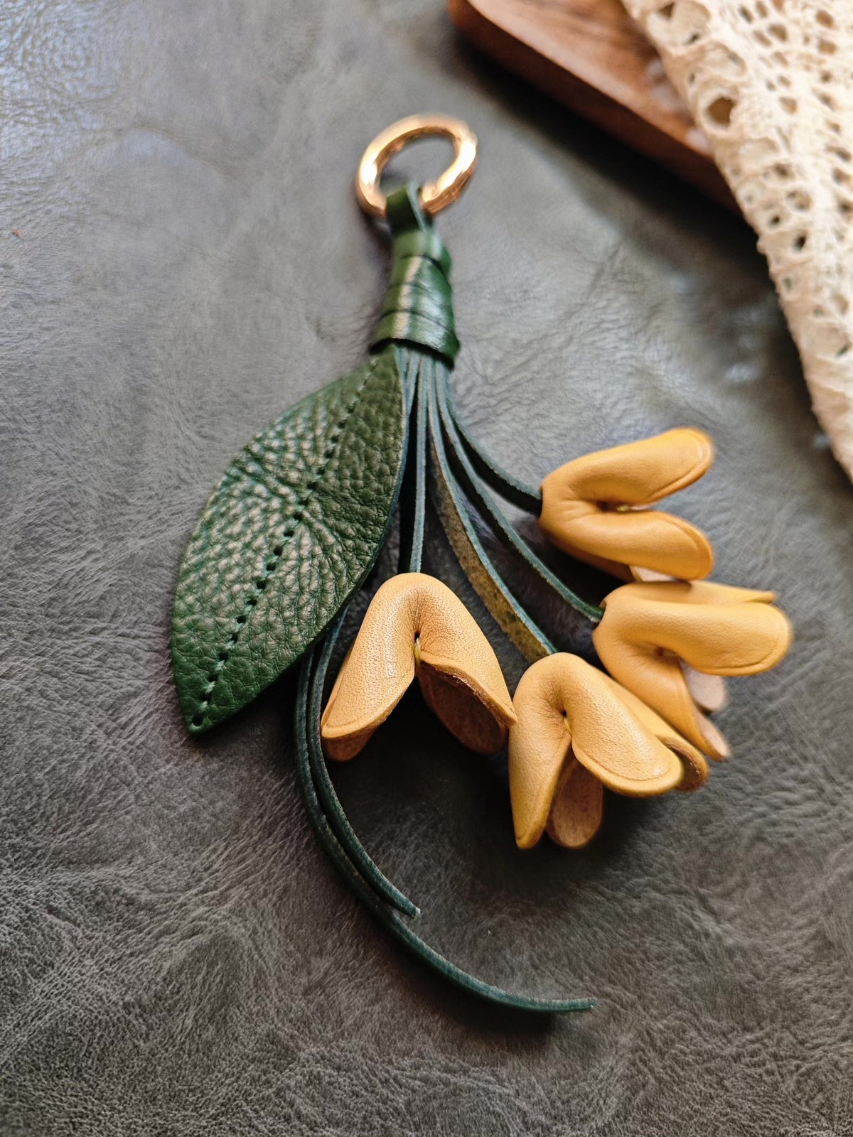 Vegetable-Tanned Leather Floral Bouquet Keychain Charm