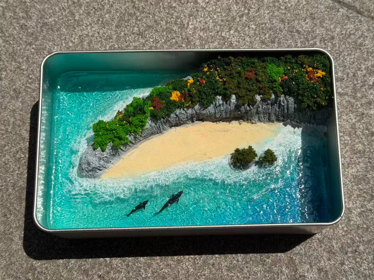 Diorama d'île miniature fait main en boîte en métal