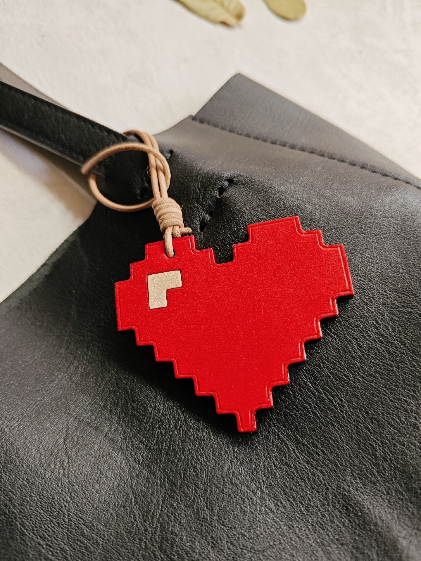 Vegetable-Tanned Leather Pixel Heart Keychain