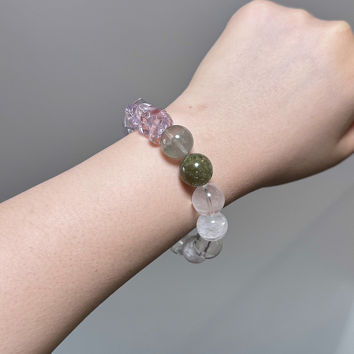 Green Phantom Amethyst White Quartz Beaded Bracelet