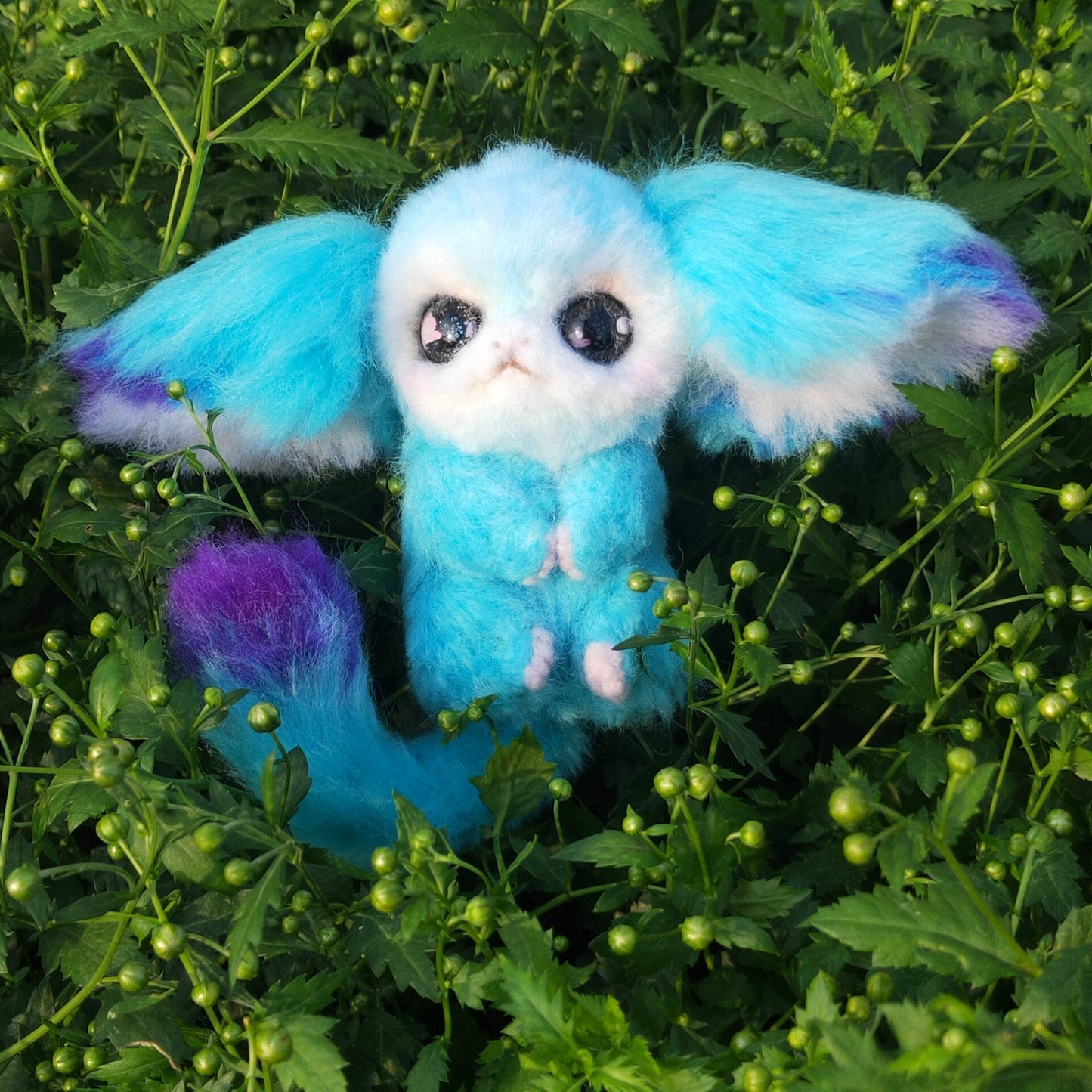 Blue Wool Felt Fennec Fox Spirit Figure with Articulated Wire Frame