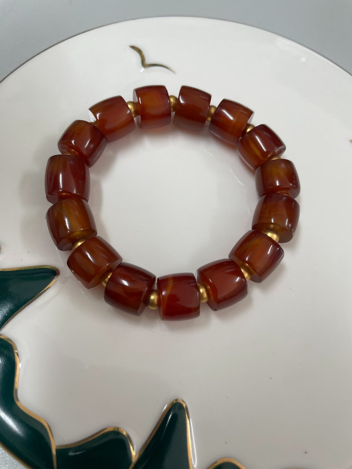 Amber Barrel Bead Bracelet with Gold Spacers