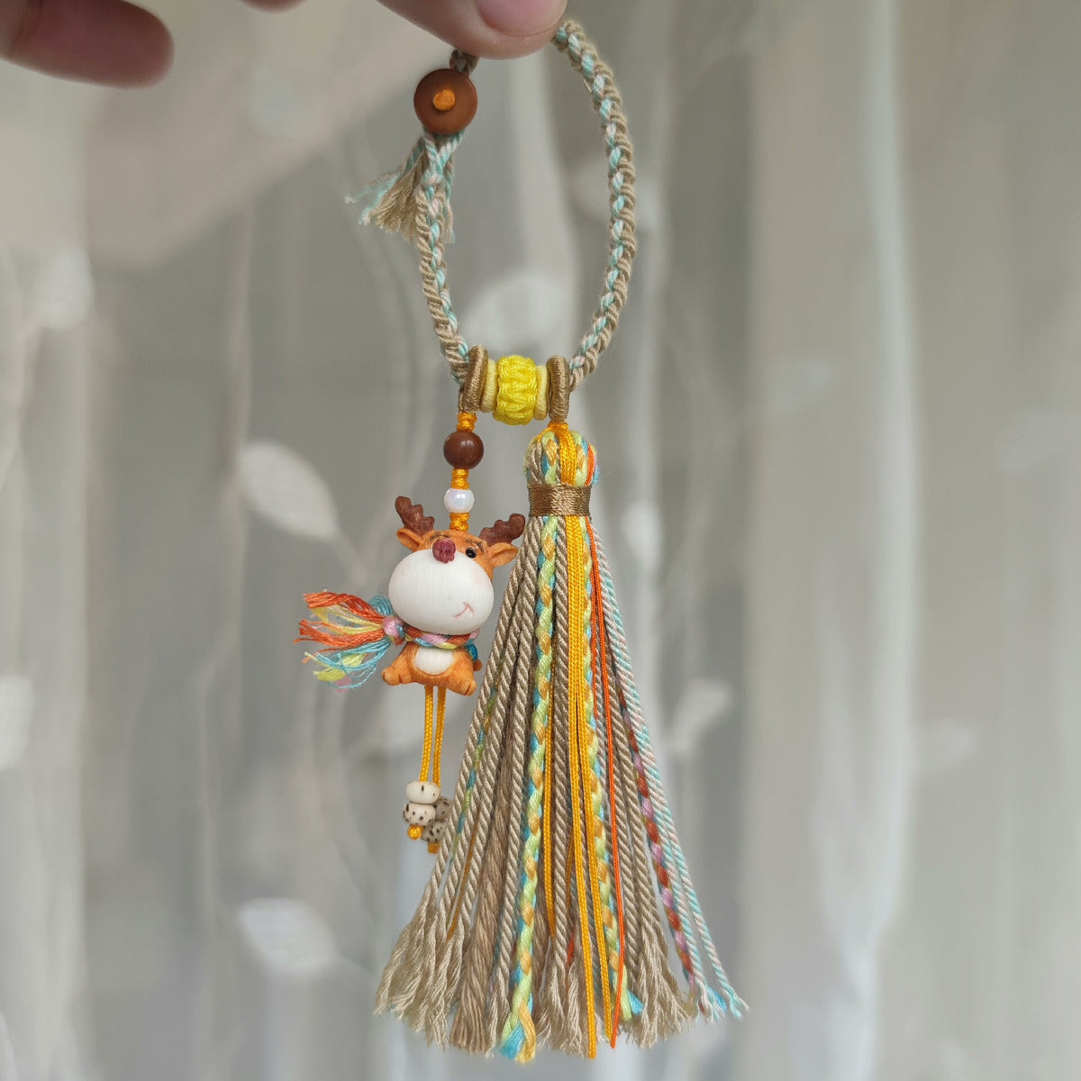 Hand Carved Wooden Deer Tassel Keychain