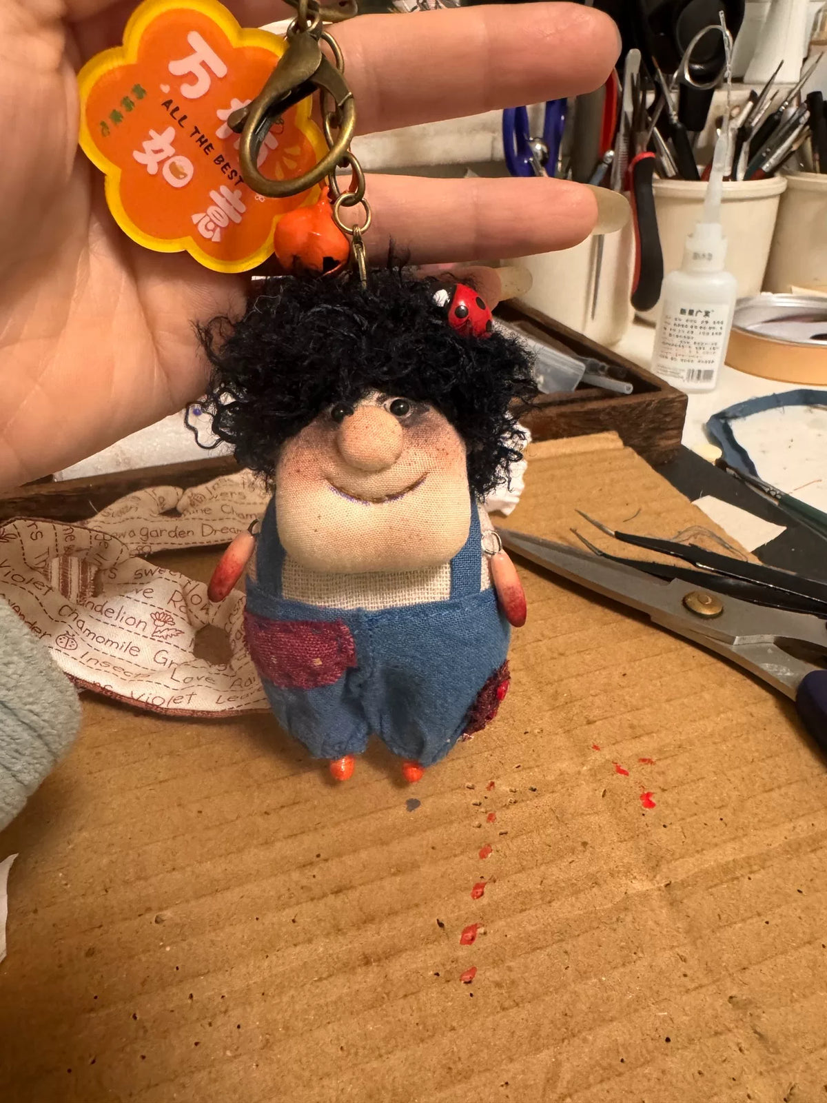 Handmade Fabric Doll Keychain with Black Curly Yarn