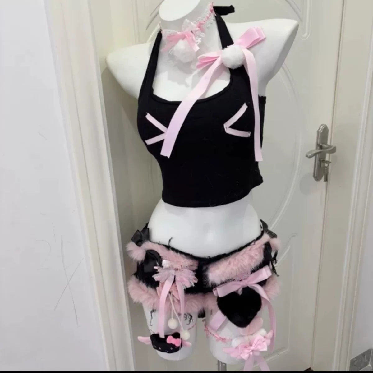 Black Pink Bow Halter Top and Shorts Set