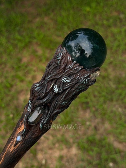 Blue-Green Fluorite Sphere Scepter with Wood Handle, 65cm