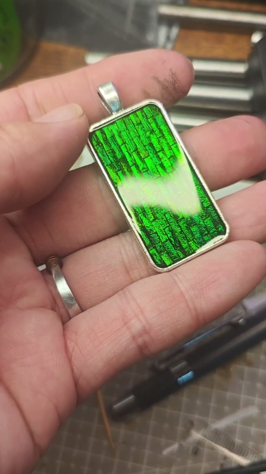 Jewel Beetle Mosaic Pendant Necklace Antique Silver