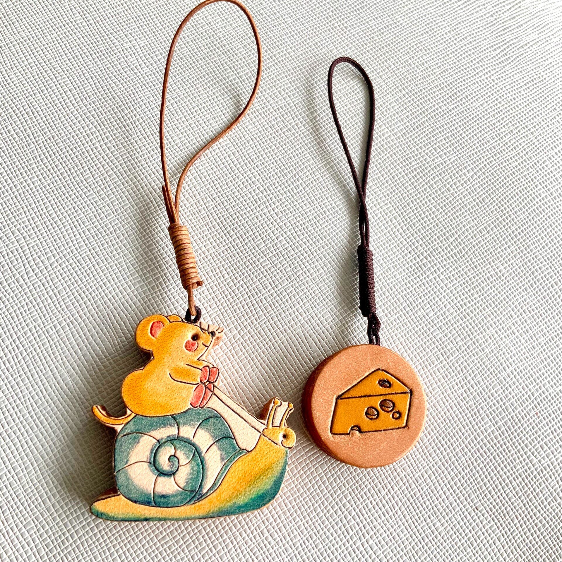 Hand-Carved Leather Mouse on Snail Pendant with Cheese Charm