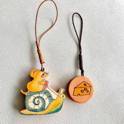Hand-Carved Leather Mouse on Snail Pendant with Cheese Charm