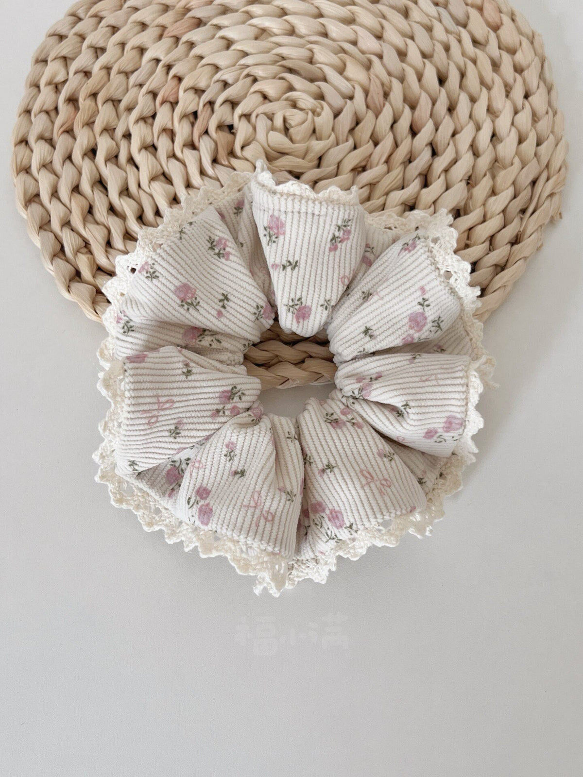 Beige Corduroy Floral Lace Scrunchie