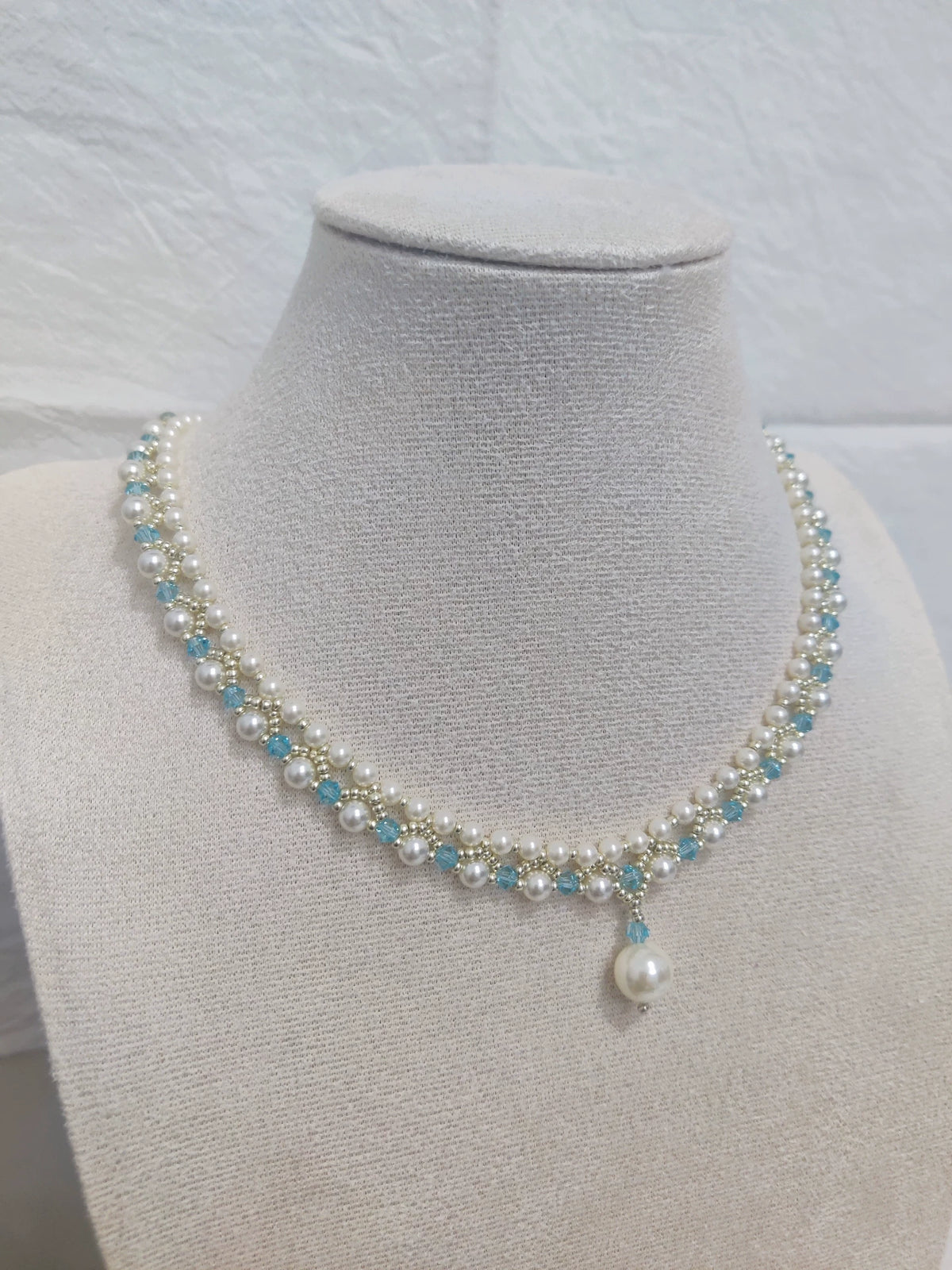 Handmade Pearl and Blue Crystal Necklace