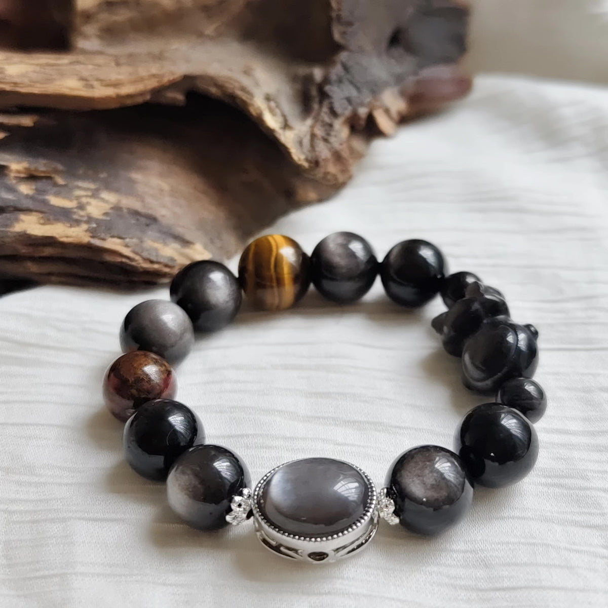 Black Obsidian Silver Sheen Beaded Bracelet