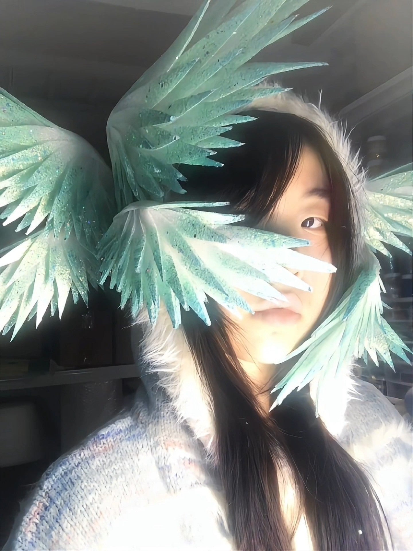 Handmade Hatsune Miku Style Translucent Green Wing Headpiece with Pearlescent Finish