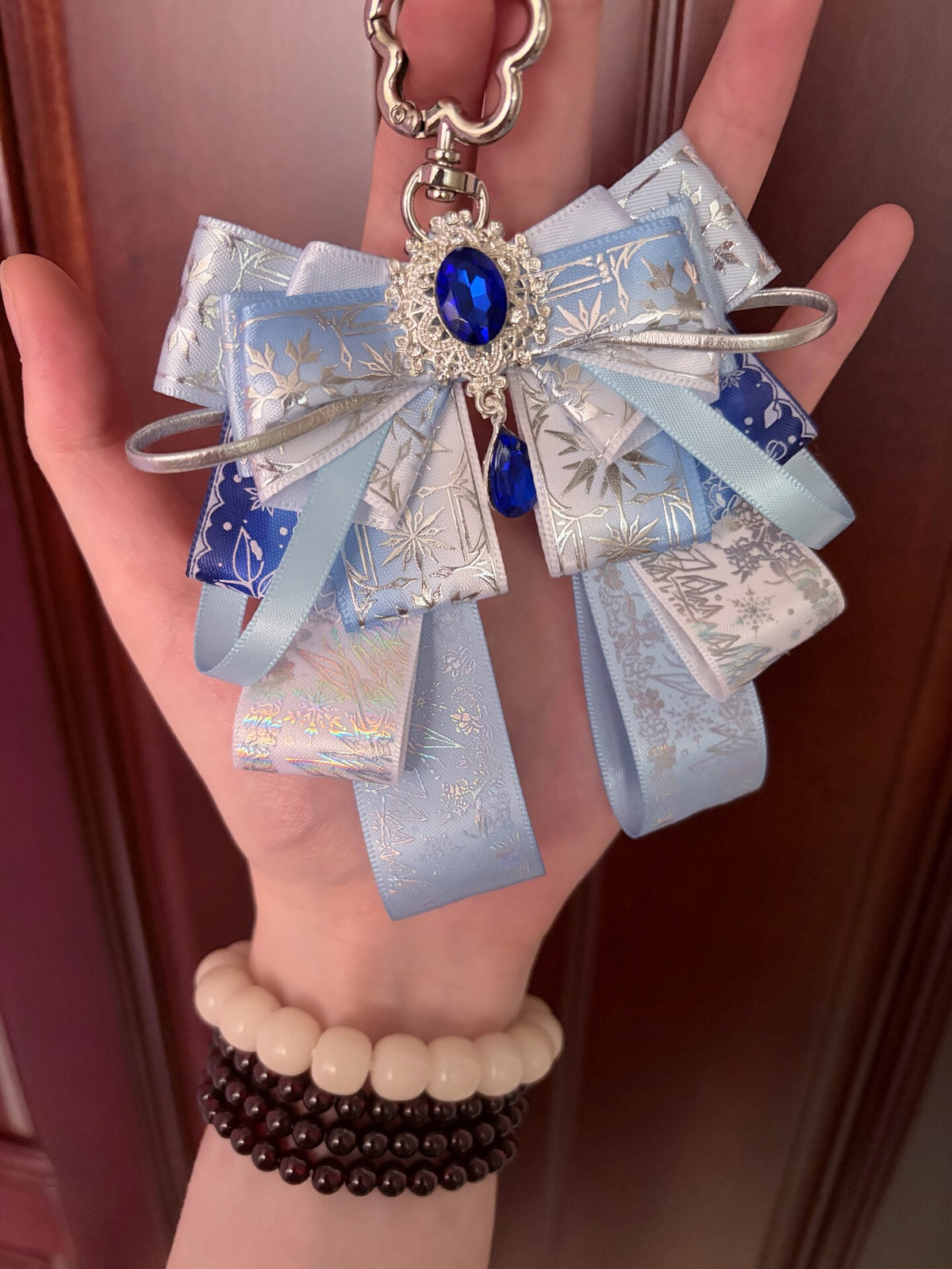 Light Blue Bow Keychain with Blue Gemstone