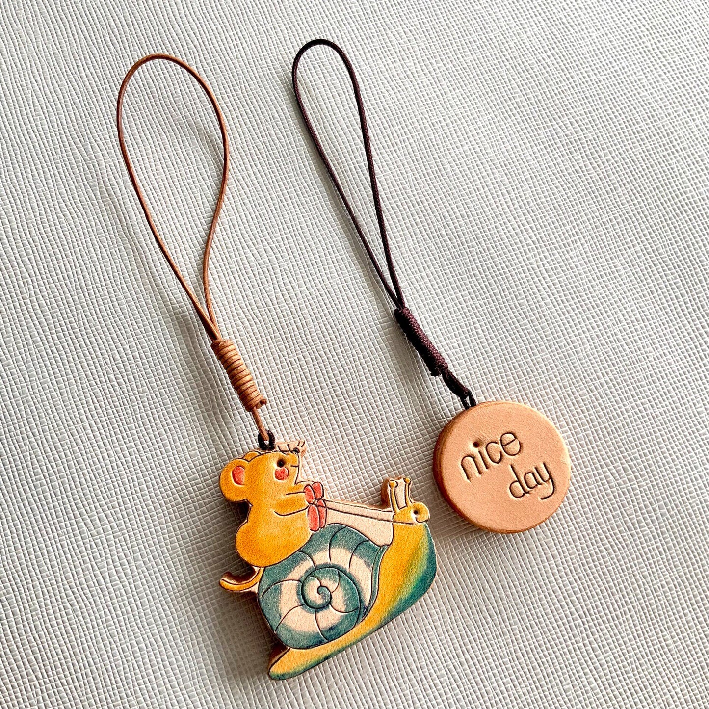 Hand-Carved Leather Mouse on Snail Pendant with Cheese Charm