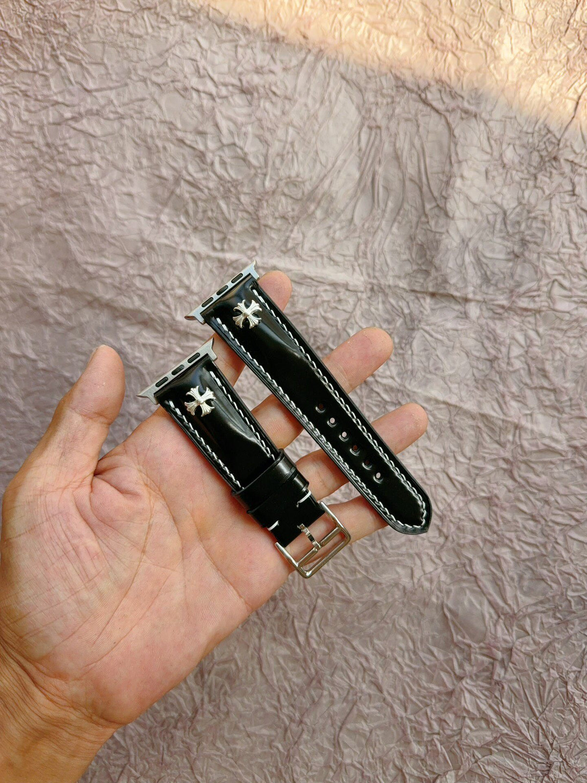 Handmade Black Leather Watch Strap Cross