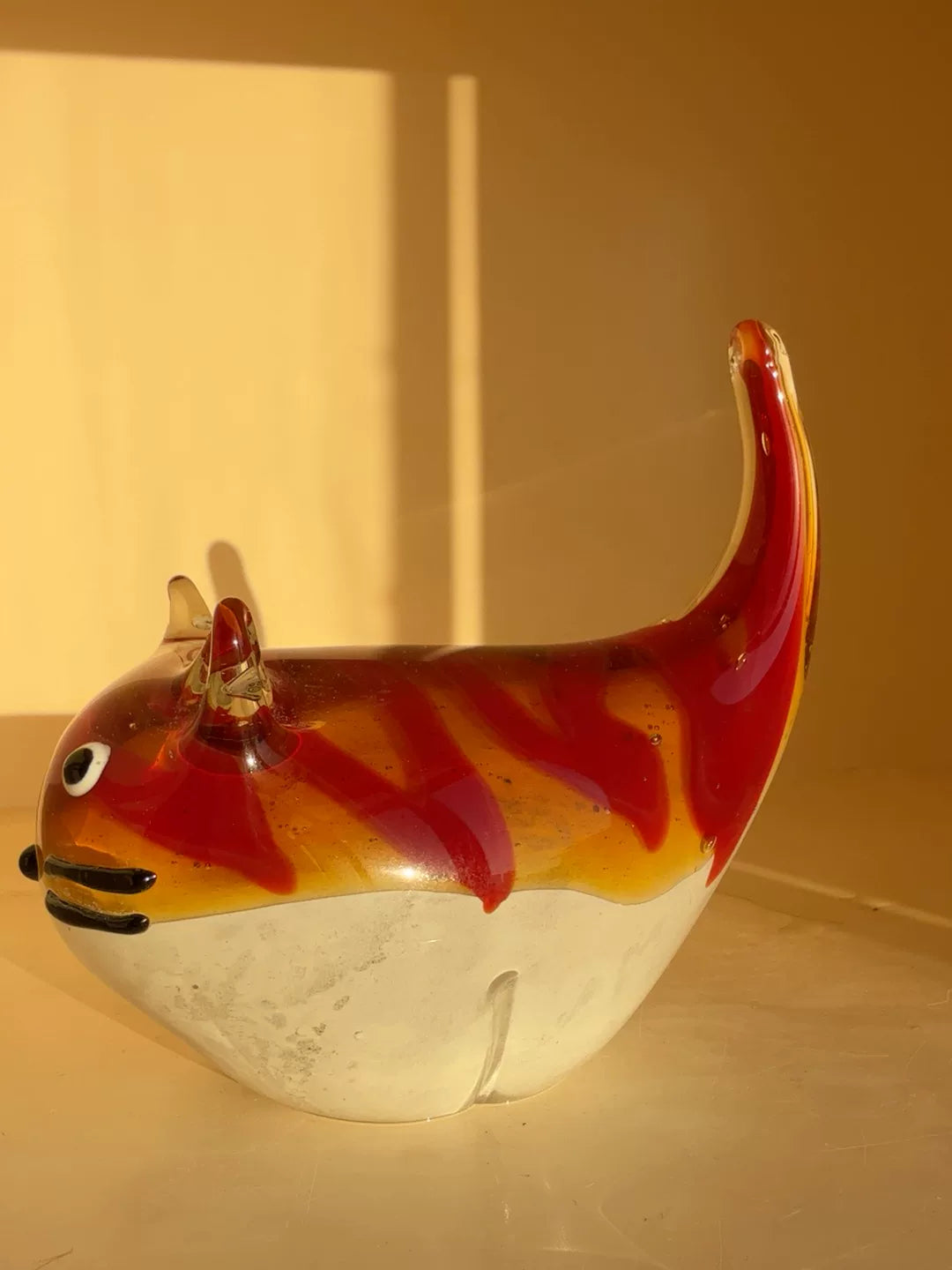 Vintage Glass Cat Figurine Yellow Red Striped