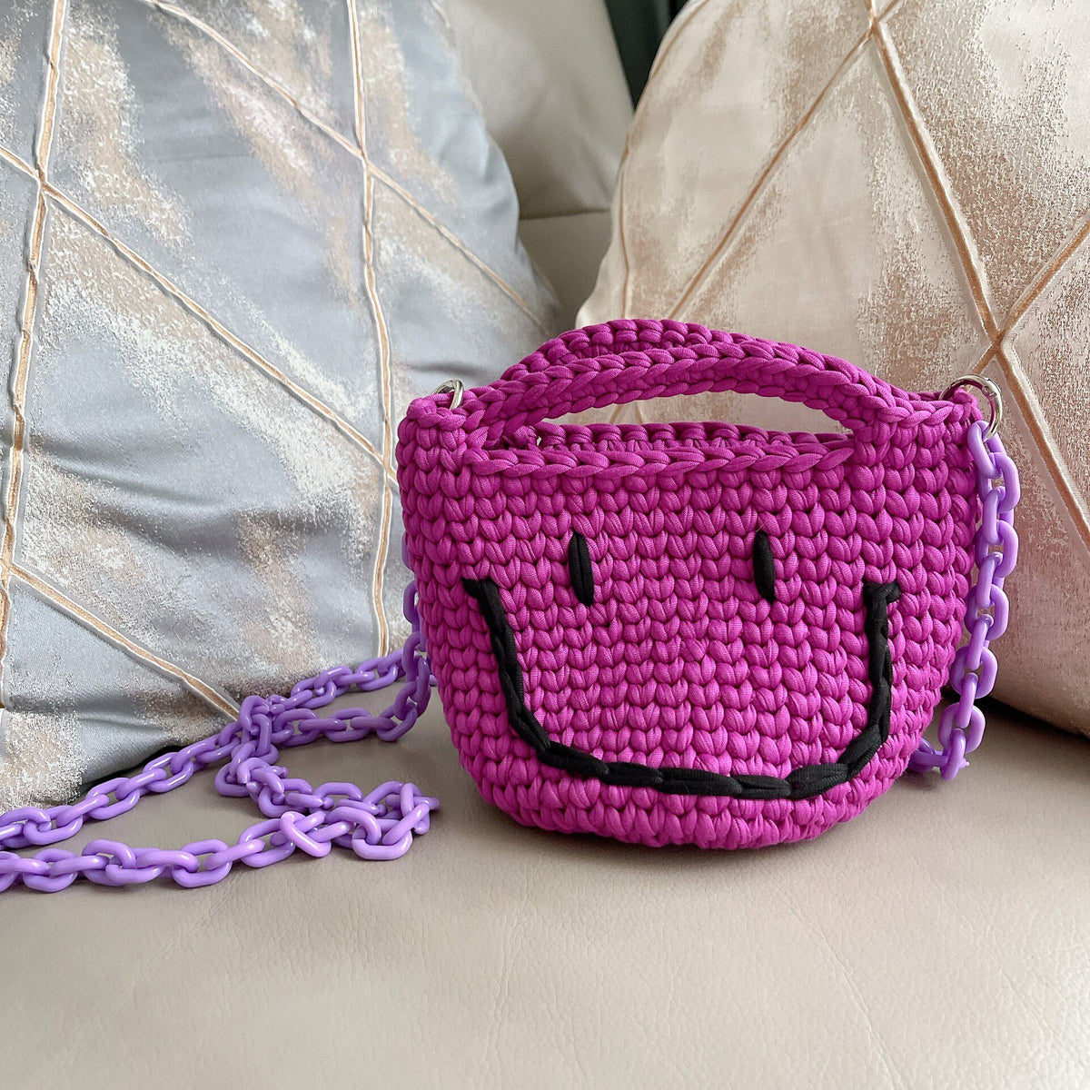 Handwoven Smiley Face Bag with Chain Strap