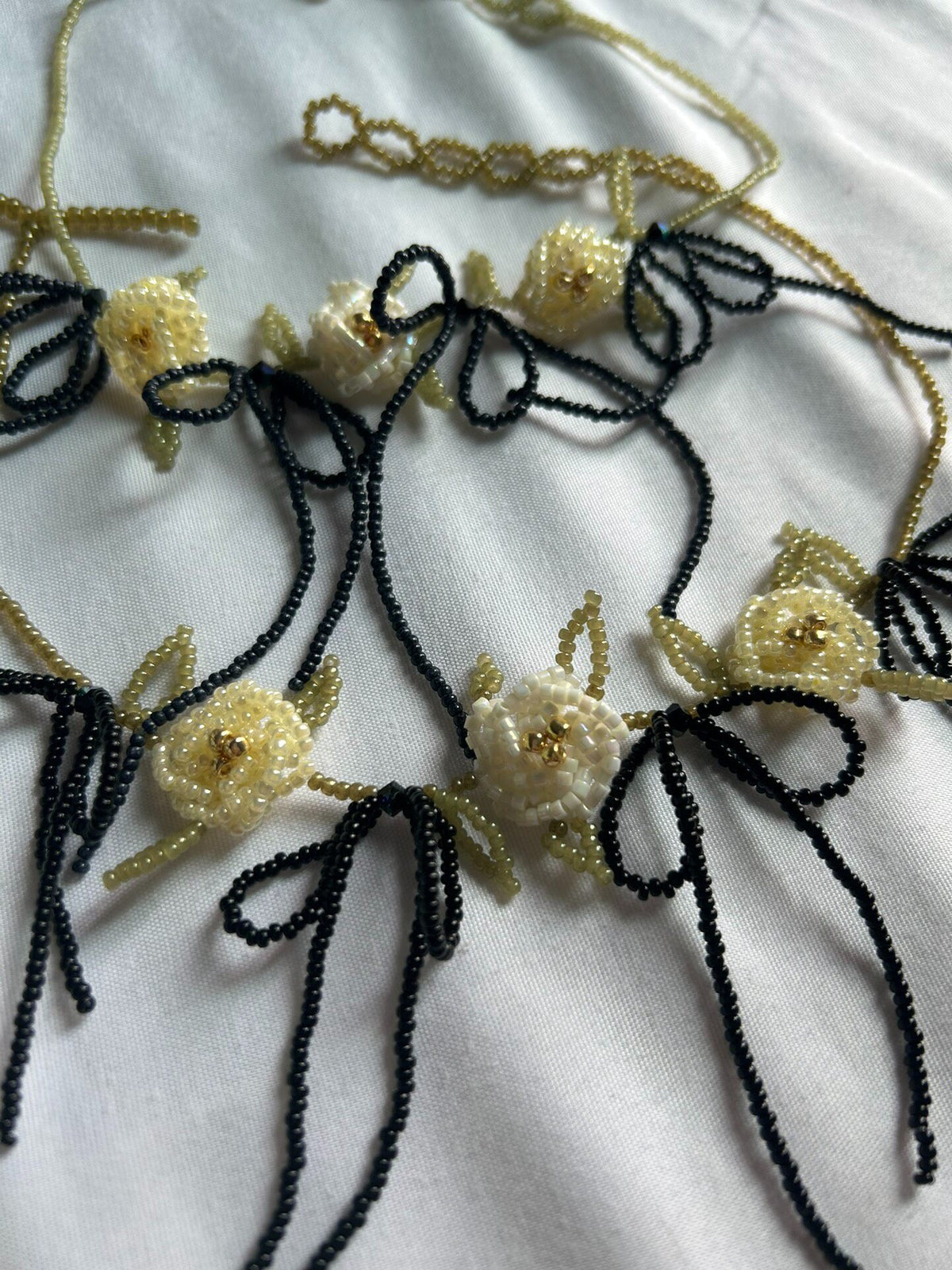 Handmade Beaded Flower Bow Necklace Adjustable