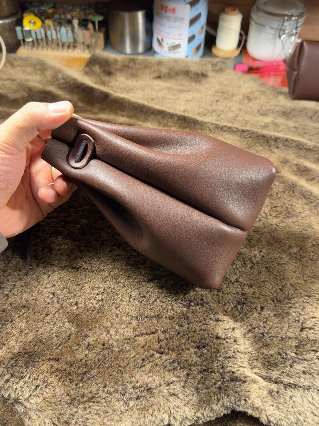 Long Leather Storage Bag for Collectibles - Matte Brown Drawstring Closure