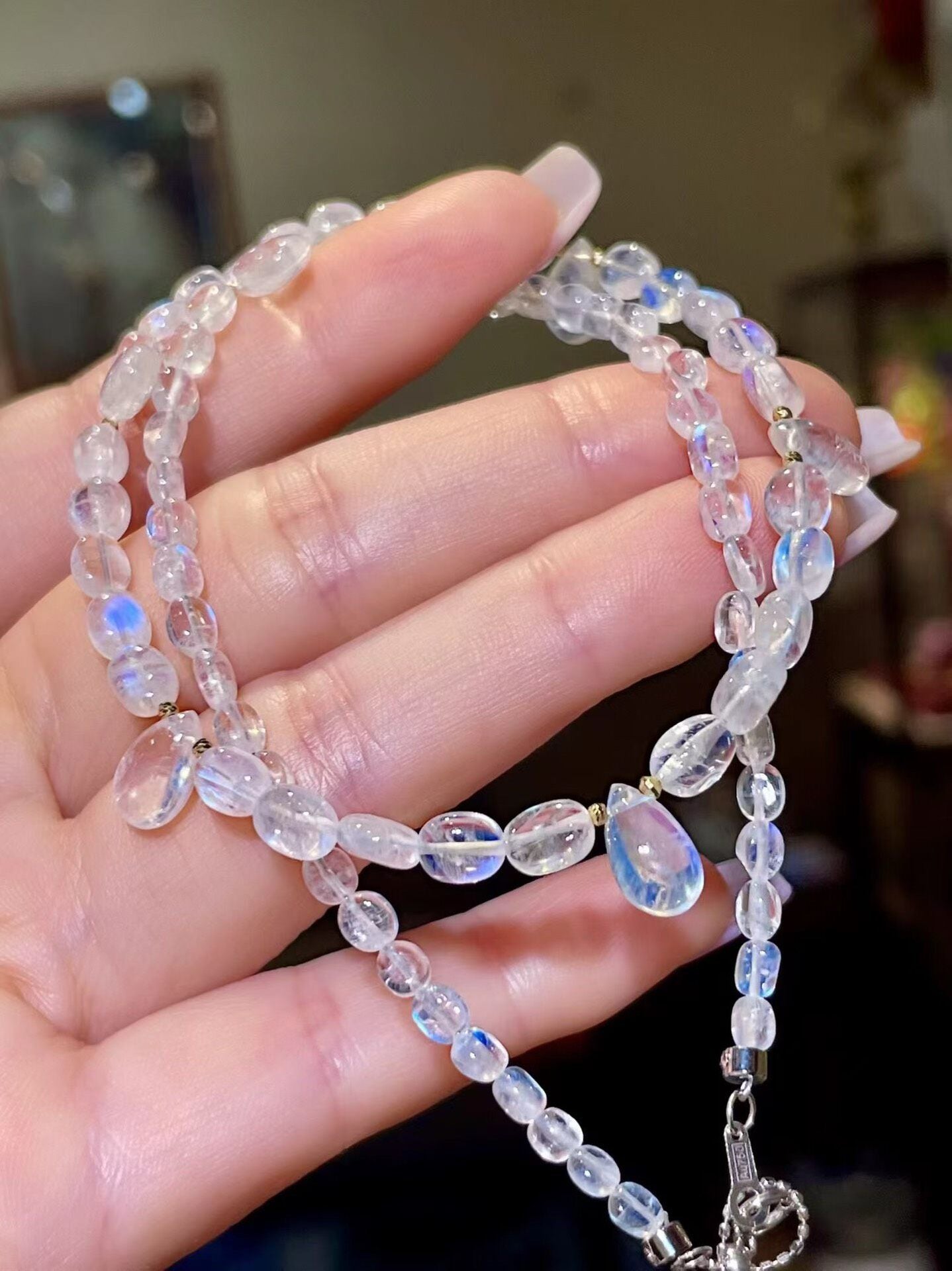 Moonstone Teardrop Necklace, 9.5mm x 5.5mm, Blue Adularescence