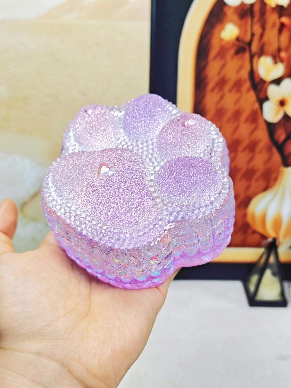 Paarse Glitter Kattenpoot Opbergbox van Hars