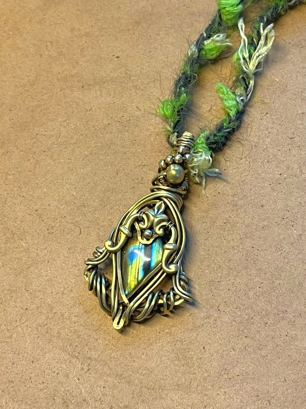 Labradorite Wire Wrapped Necklace Green Cord