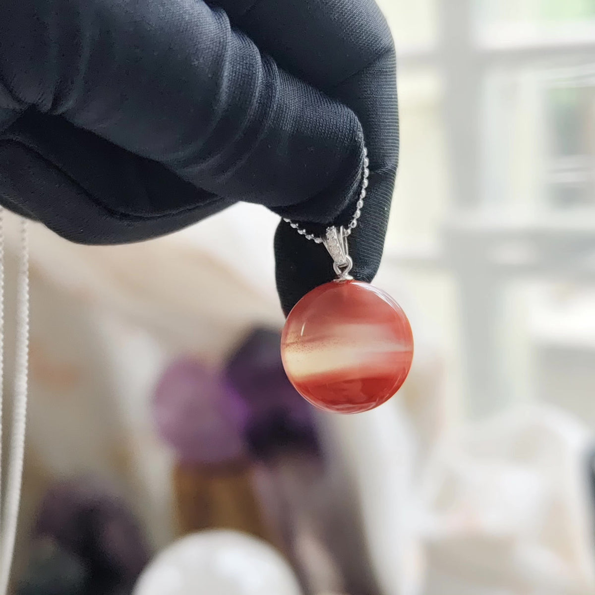 South Red Agate Disc Pendant Silver Chain