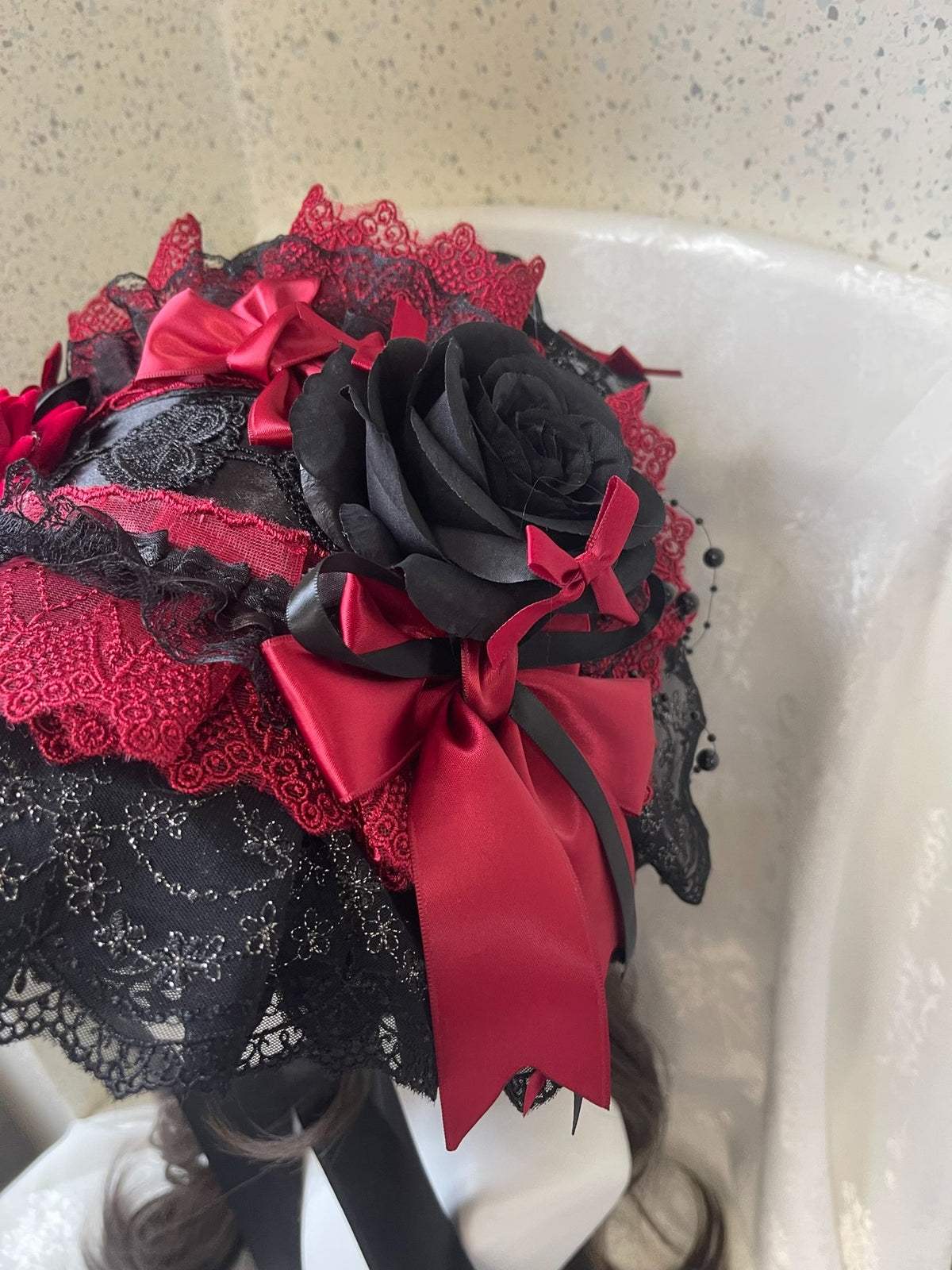 Handmade Lolita Gothic Flat Bonnet Black Red