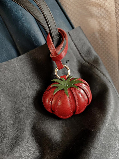 Tomato Leather Keychain with Green Calyx and Gold Ring