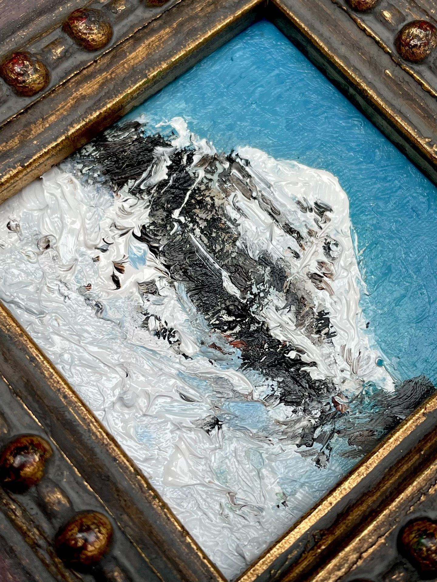 Impasto Oil Painting of Snow-Capped Mountain, 8x8cm, Vintage Wood Frame