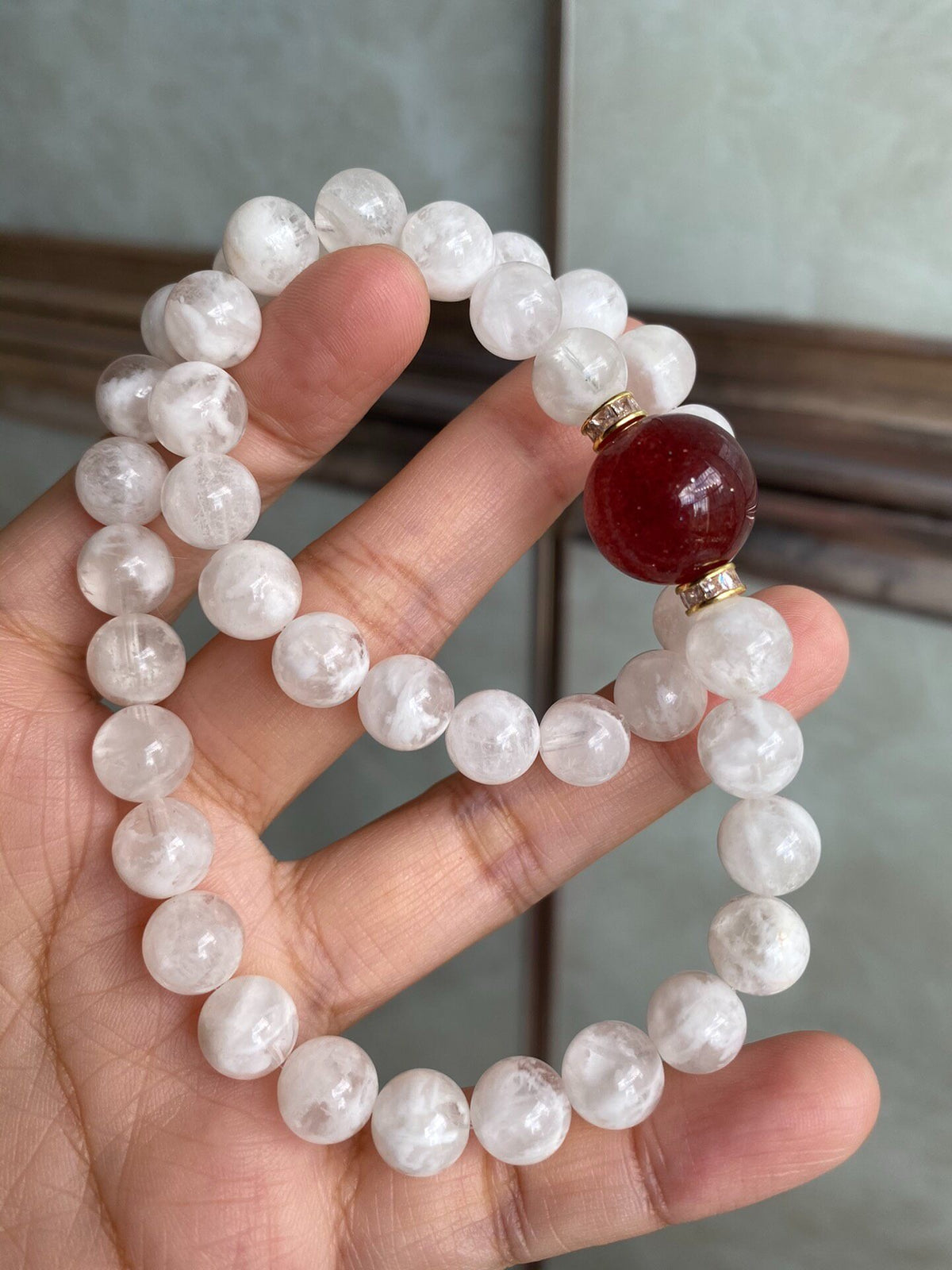 Double Loop Snowflake Phantom Bracelet Strawberry Quartz