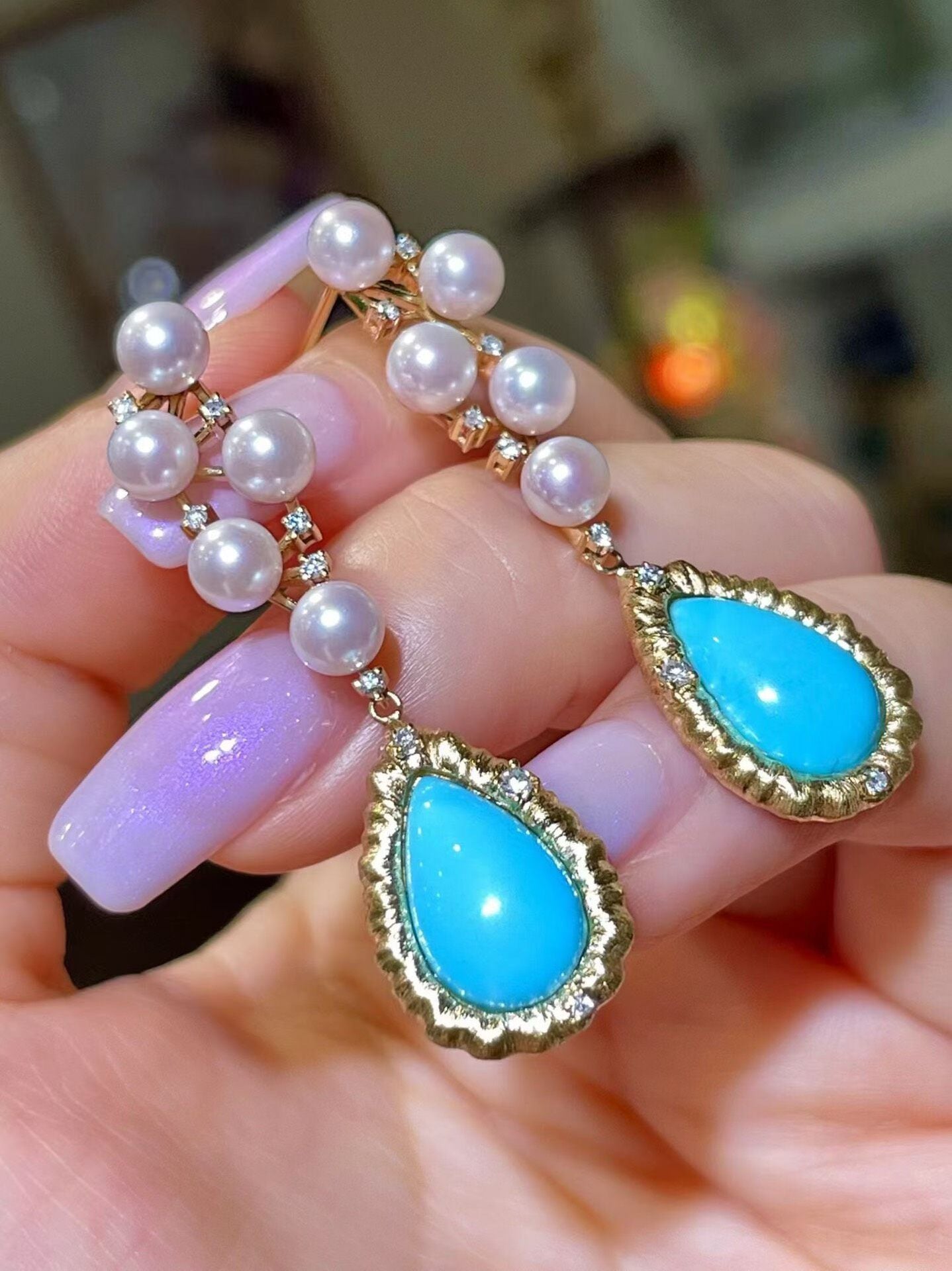 18K Gold Sleeping Beauty Turquoise Drop Earrings with Akoya Pearls and Diamonds