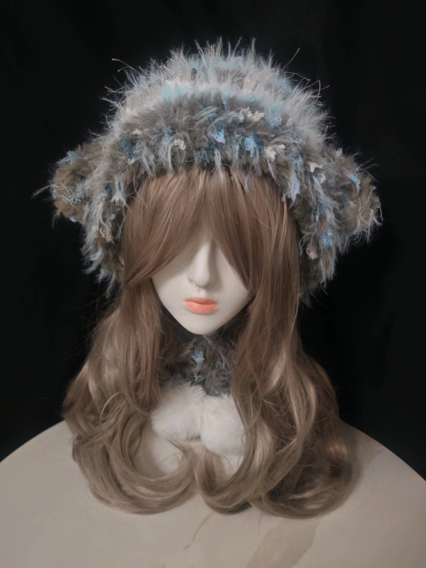 Gray-Blue Lamb Hat with Ear Flaps and Pom-Poms