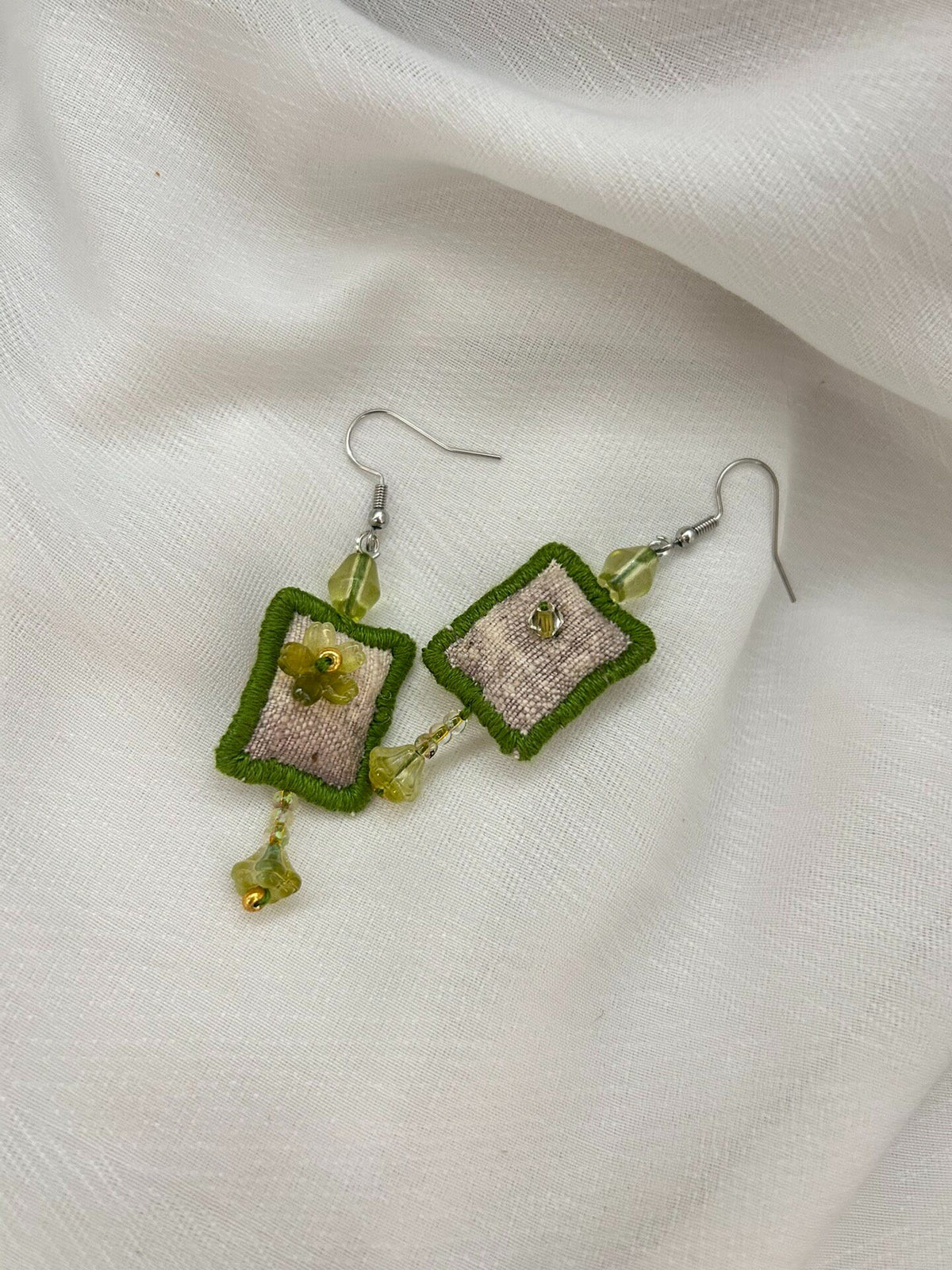 Handmade Fabric Earrings with Green Beads