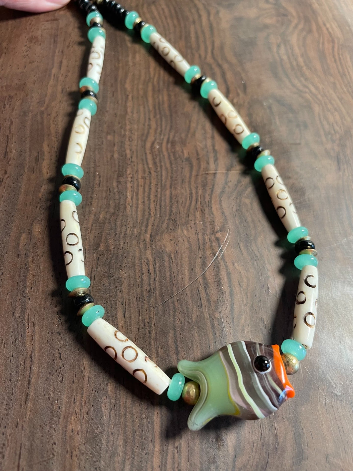 Phoenician Glass Fish Pendant Ox Bone Bead Necklace
