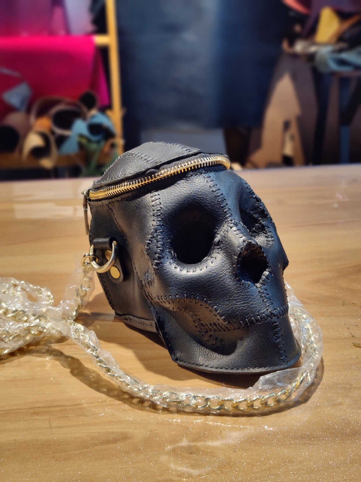 Skull Leather Pouch with Gold Zipper