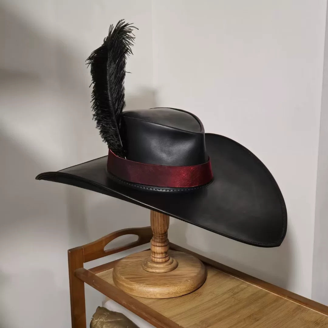 Handmade Black Leather Cosplay Hat Ostrich Feather
