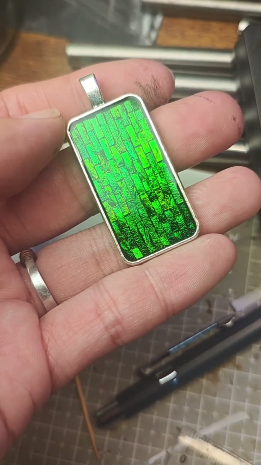 Jewel Beetle Mosaic Pendant Necklace Antique Silver