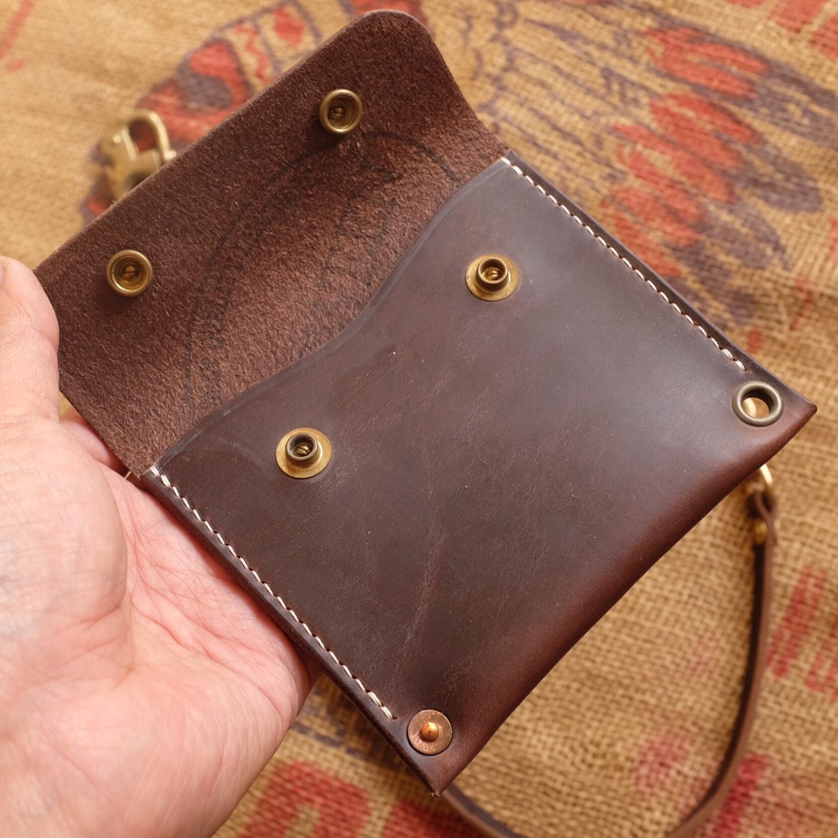 Top-Grain Leather Wallet with Brass Snap Closure and Wristlet Strap