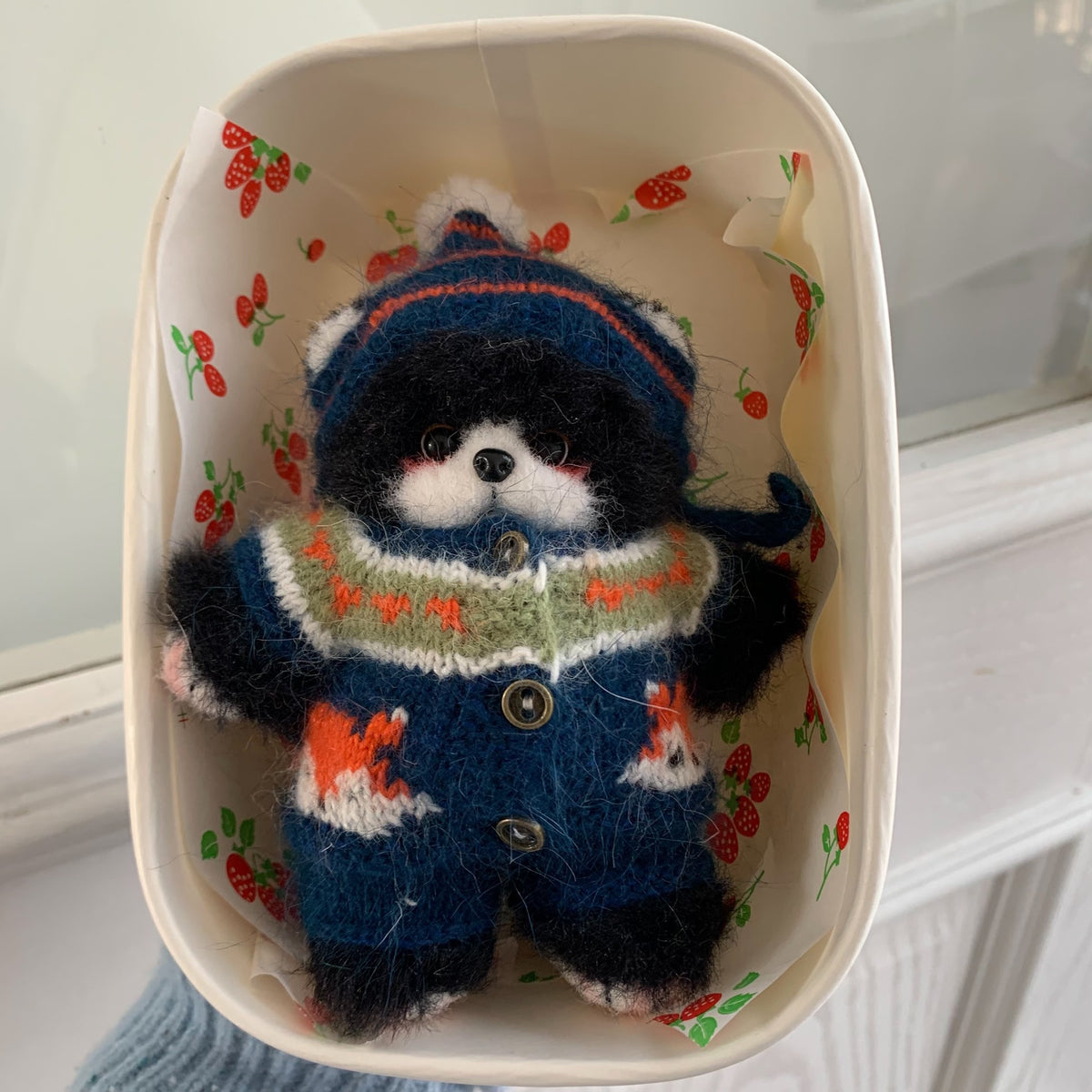 Handmade Knitted Black Bear Figurine with Blue Fox Jacket