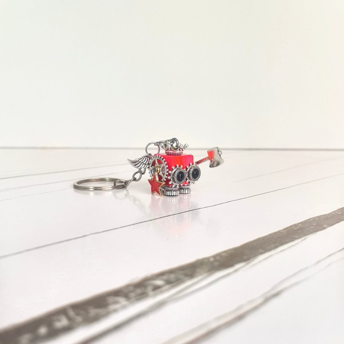 Handcrafted Steampunk Robot Pendant Red Cube