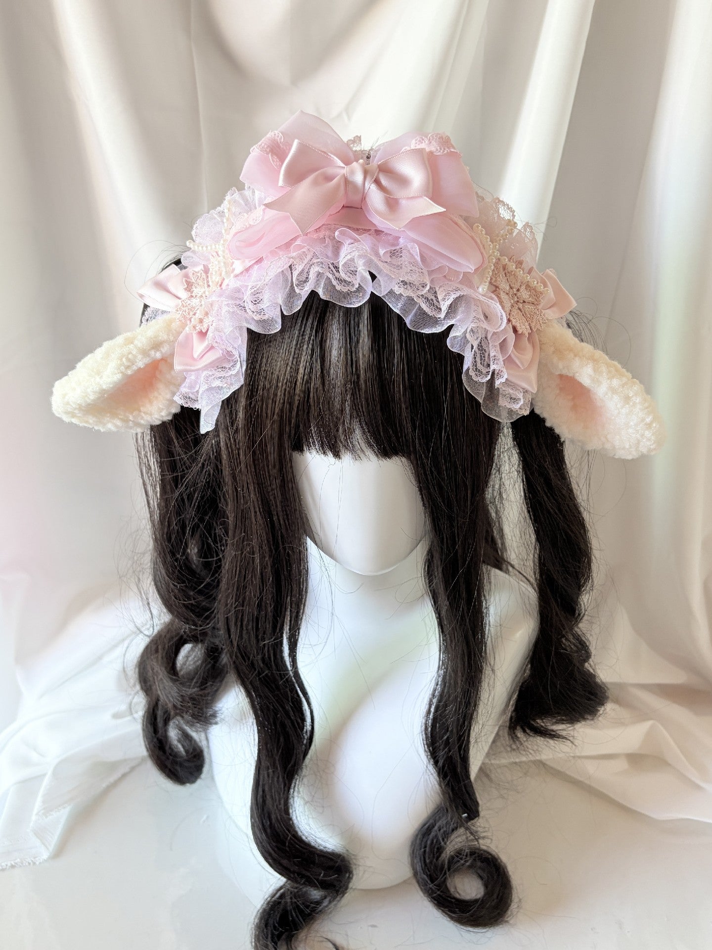 Lolita Plush Ear Headband with Lace and Satin Bow