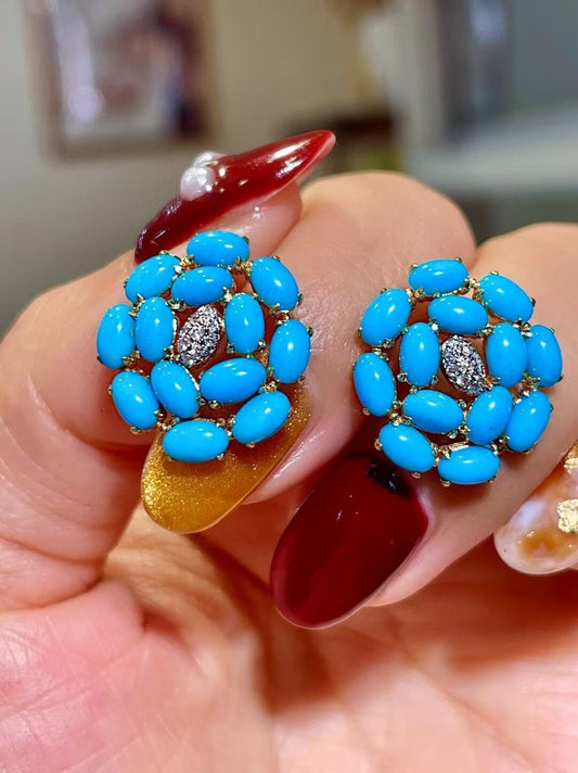 18K Gold Turquoise and Diamond Floral Stud Earrings