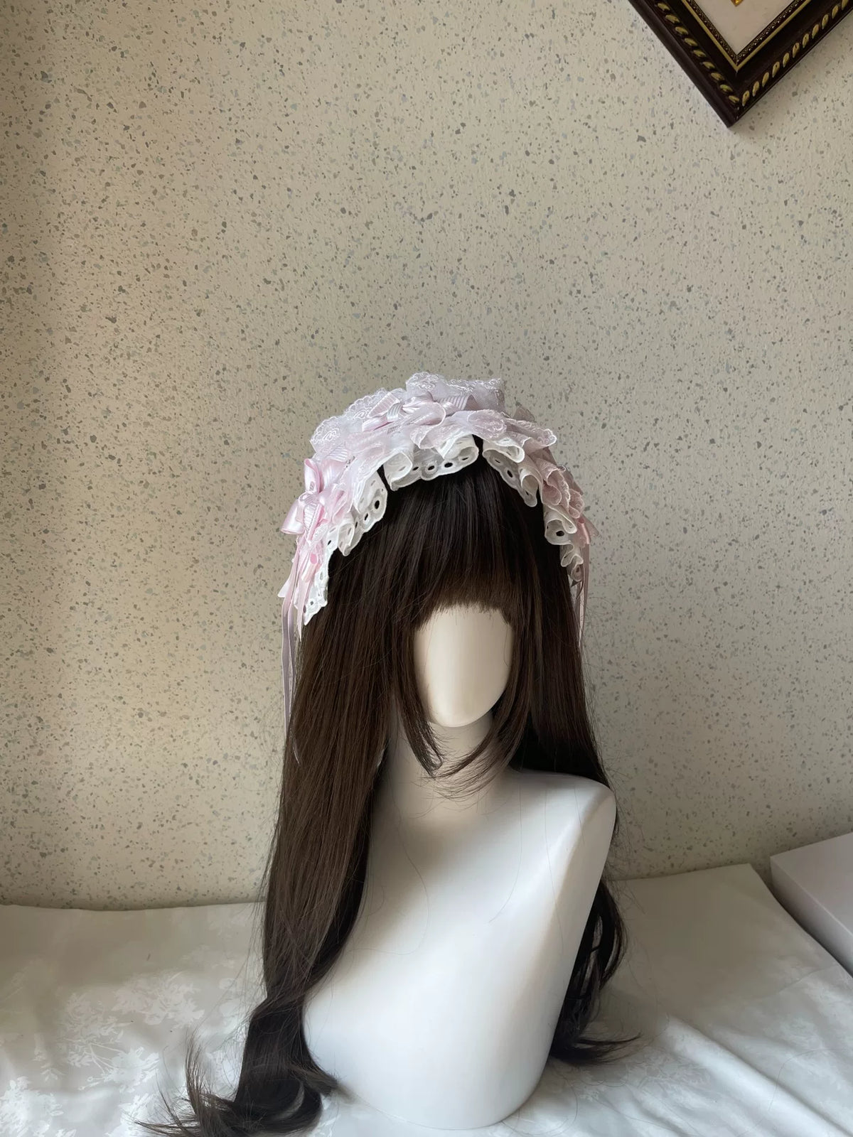 Bandeau Lolita en dentelle rose avec nœuds