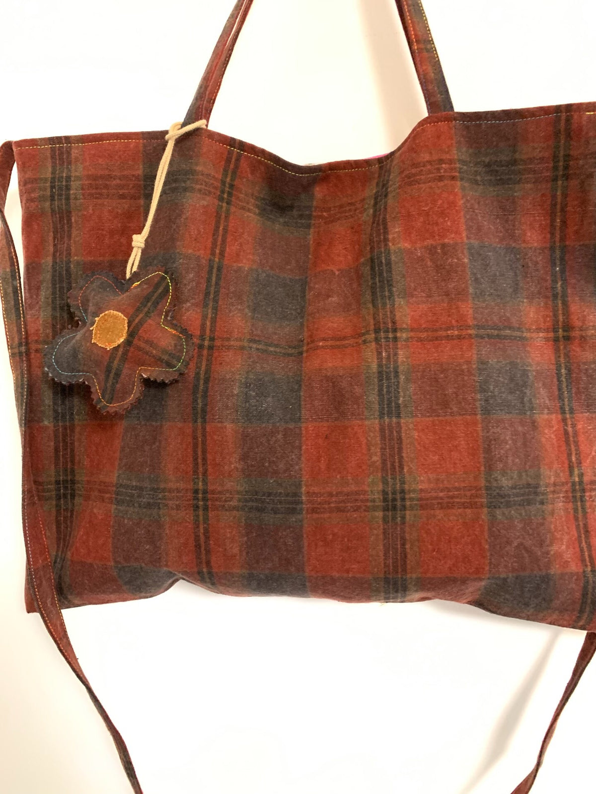 Washed Plaid Tote Bag with Floral Applique