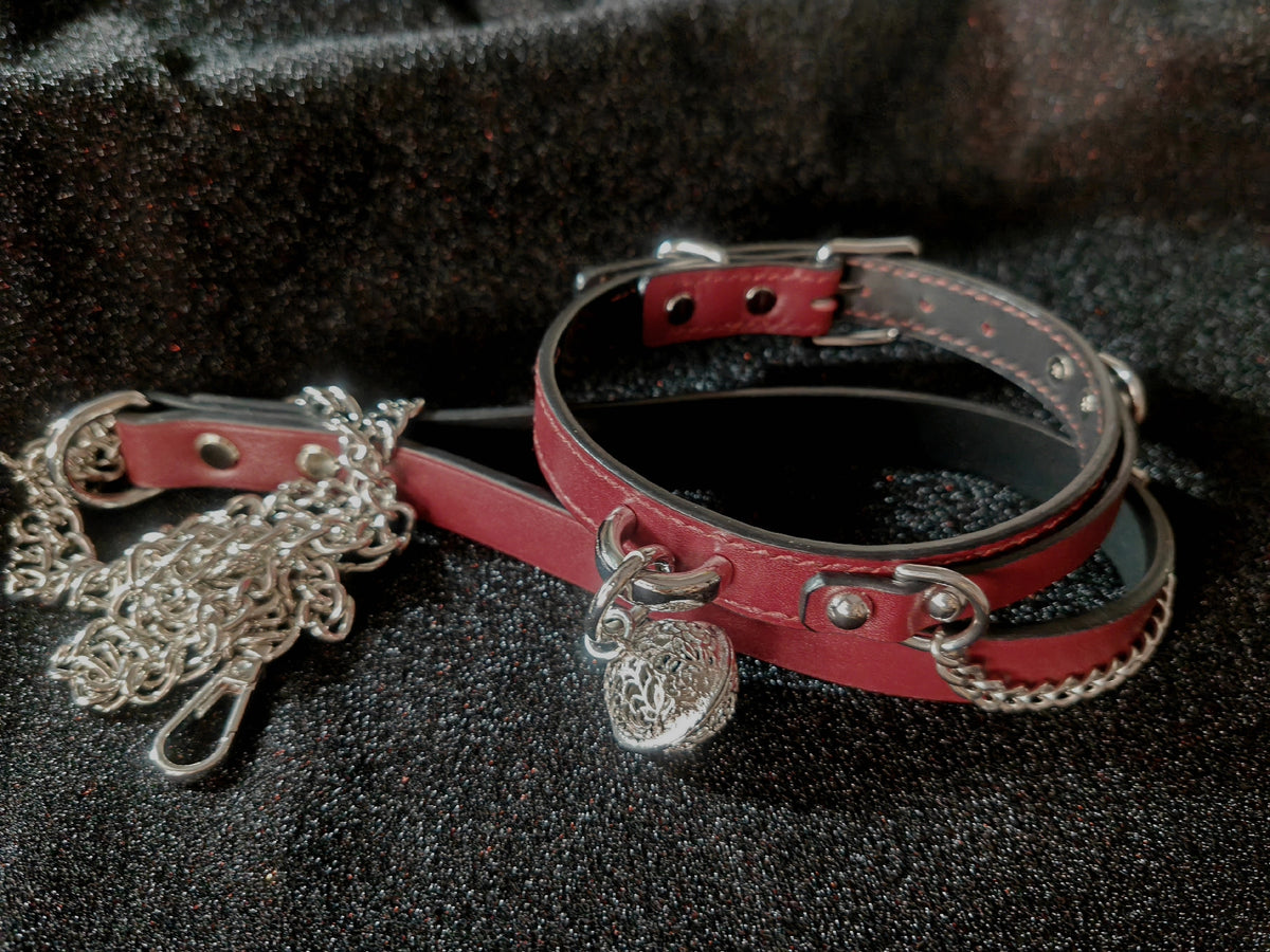 Conjunto de Coleira e Trela em Pele Vermelho Vinho